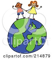 Royalty Free RF Clipart Illustration Of A Childs Sketch Of Two Children Holding Hands On A Globe by Prawny