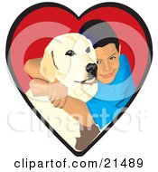 Loving Boy Hugging His Yellow Labrador Retriever Dog In A Red Heart