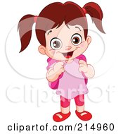 Poster, Art Print Of Cute School Girl In A Pink Shirt With A Backpack