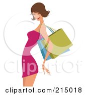 Poster, Art Print Of Sexy Brunette Woman Shopping In A Pink Dress - From The Knees Up