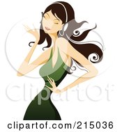 Poster, Art Print Of Glam Brunette Woman Wearing Headphones And Dancing In A Green Dress