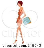 Royalty Free RF Clipart Illustration Of A Short Haired Woman Shopping In An Orange Dress Full Body by OnFocusMedia