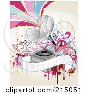 Poster, Art Print Of Gramophone Background With Starry Waves And A Blank Banner On Antique White