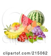 Display Of Fruit Watermelon Cantaloupe Apple Grapes Cherries Strawberries And Bannas