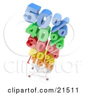 Clipart Illustration Of A Chrome Shopping Cart Stacked High With Colorful Discounted Prices Over A White Background by 3poD