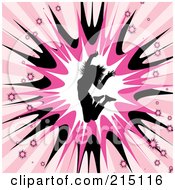 Royalty Free RF Clipart Illustration Of A Silhouetted Woman Jumping Over A Pink Burst Background by KJ Pargeter