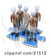 Clipart Illustration Of A Group Of Businessmen Standing Together On A Blue Puzzle Piece Over A Reflective White Surface Symbolizing Teamwork And Solutions by 3poD