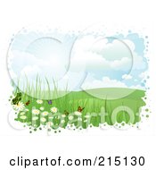 Poster, Art Print Of Bubbly White Border Around Butterflies And Flowers In A Hilly Landscape