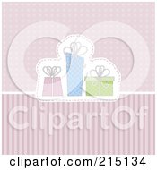 Royalty Free RF Clipart Illustration Of Pink Blue And Green Presents Over Dots And Stripes by KJ Pargeter