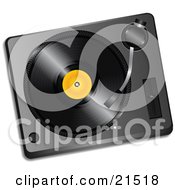 Poster, Art Print Of Black Vinyl Record With A Yellow Label Spinning In A Record Player