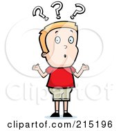Poster, Art Print Of Confused Blond Boy Shrugging Under Question Marks