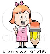 Royalty Free RF Clipart Illustration Of A Red Haired School Girl Leaning On A Stubby Pencil by Cory Thoman