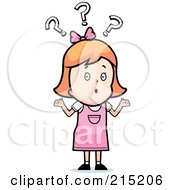 Poster, Art Print Of Confused Red Haired Girl Shrugging Under Question Marks