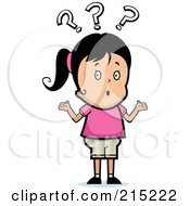 Poster, Art Print Of Confused Black Haired Girl Shrugging Under Question Marks