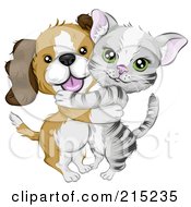 Cute Beagle Puppy Hugging A Gray Kitten