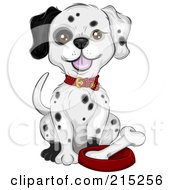 Dalmatian Puppy Sitting By A Bone In A Dish