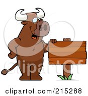 Poster, Art Print Of Friendly Bull Standing By A Blank Wood Sign