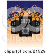 Clipart Illustration Of Three Black And Chrome Stereo Speakers Facing Different Directions Over A Blue Background With Orange Vines And Circles by Paulo Resende