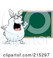 Royalty Free RF Clipart Illustration Of A Chubby White Rabbit Pointing To A Chalk Board by Cory Thoman