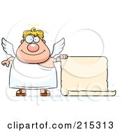 Poster, Art Print Of Plump Blond Male Angel With A Blank Scroll Sign