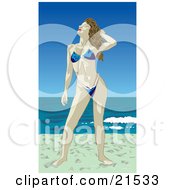 Clipart Illustration Of A Brunette Caucasian Womanin A Blue Bikini Standing In The Sun On A Sandy Beach While Enjoying Her Vacation At The Coast by Paulo Resende