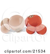 Still Life Of Red Tomatoes A White Onion And Two Chicken Eggs On A Kitchen Counter