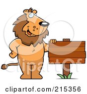 Poster, Art Print Of Friendly Lion Standing By A Blank Wood Sign