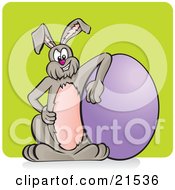 Clipart Illustration Of A Grinning Bunny Rabbit Resting On Hand On His Hip And One Arm On A Purple Egg
