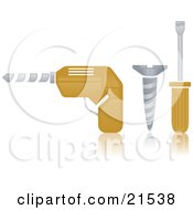 Poster, Art Print Of Electric Hand Drill Silver Screw And Yellow Handled Screwdriver On A Reflective White Surface