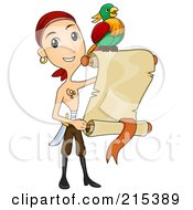 Shirtless Pirate Man And Parrot With A Blank Parchment Scroll