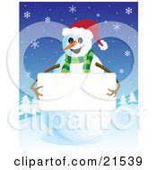 Poster, Art Print Of Friendly Smiling Snowman In A Green Scarf And Santa Hat Holding Up A Blank White Sign With His Stick Arms