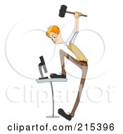 Royalty Free RF Clipart Illustration Of A Frustrated Businessman Holding A Hammer Over His Computer
