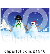 Poster, Art Print Of Two Happy Snowmen Running And Holding Hands In A Snowy Christmas Winter Landscape