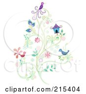 Poster, Art Print Of Purple Blue And Pink Birds On A Floral Vine By A House