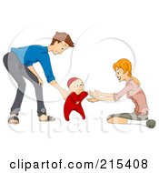 Poster, Art Print Of Young Mother And Father Helping Their Baby Take His First Steps