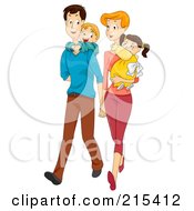 Poster, Art Print Of Young Couple Walking And Carrying Their Children