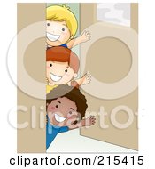 Poster, Art Print Of Group Of Kids Waving Around A Classroom Door