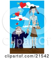 Short Senior Man Leaning On A Cane And Holding Hands With A Young Skinny Woman Walking Under Hearts With Cash