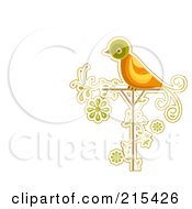Royalty Free RF Clipart Illustration Of A Green And Orange Bird On A Post Over A Green Vine