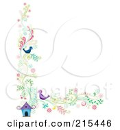Royalty Free RF Clipart Illustration Of A Border Of Floral Vines And Two Birds By A House