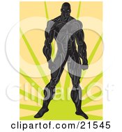 Poster, Art Print Of Very Muscular Man In Black Standing Over A Green And Orange Background