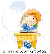 Poster, Art Print Of Little School Boy Thinking At His Desk