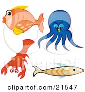 Collection Of Sea Creatures Orange Goldfish Blue Octopus Red Lobster And Brown Fish On A White Background