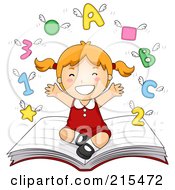 Little School Girl Sitting On A Book With Shapes Letters And Numbers Flying Above