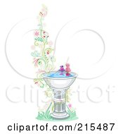 Two Birds At A Bird Bath By A Floral Vine