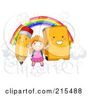 Poster, Art Print Of Little School Girl On Clouds With A Rainbow Pencil And Book