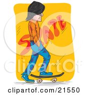 Caucasian Man In Blue Jeans Skateboarding Past A Yellow Wall Whiel In Thought