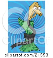 Greedy Fuel Pump Nozzle Snake Character Coiled Around Money Over A Blue Swirling Background