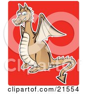 Poster, Art Print Of Brown And Beige Blue Eyed Dragon With Wings And A Spiked Tail Smiling And Showing Fanged Teeth