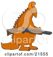 Poster, Art Print Of Orange Dinosaur In A Hat Carrying A Rifle And Hunting